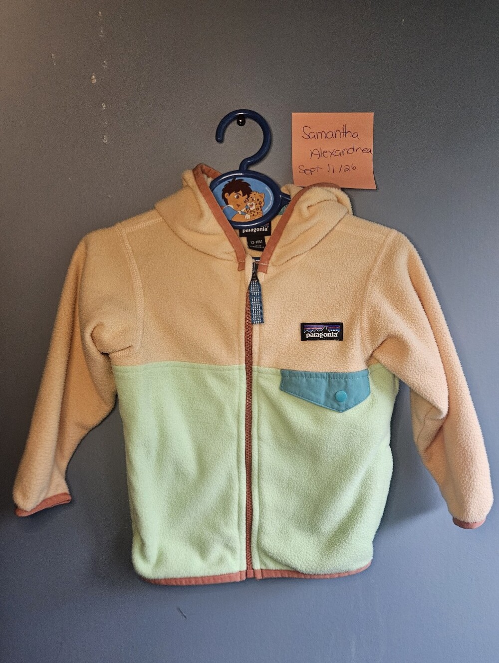 Patagonia Kids Two-Tone Fleece Hoodie - Peach & Mint with Teal Pocket